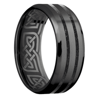 8mm wide Beveled Black Titanium Ring with Bead Blast Finish / Two 1mm Centered Black Dinosaur Bone Inlay / Celtic 17 Interior Pattern