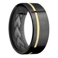 8mm wide Flat Black Titanium Ring with Satin Finish / One 1mm Off Center 14k Yellow Gold Inlay with Polish Finish / Maori Interior Pattern
