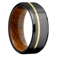 8mm wide Beveled Black Zirconium Ring with Bead Blast Finish / One 1mm Off Center 18k Yellow Gold Inlay with Bead Blast Finish / Desert Iron Wood Sleeve