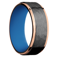 8mm wide Flat Grooved Edges Black Titanium Ring with Hammer Finish / Two 1mm Edge 14k Rose Gold Inlay with Polish Finish / Sea Blue Cerakote Sleeve