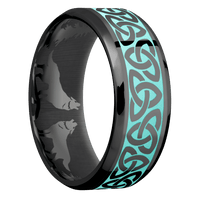 8mm wide Beveled Black Titanium Ring with Polish Finish / Celtic Trinity Design and Robins Egg Blue Cerakote Accents / None Interior Pattern