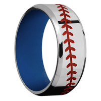 8mm wide Beveled Titanium Ring with Polish Finish / Baseball Design and Red Apple Cerakote Accents / Royal Blue Cerakote Sleeve