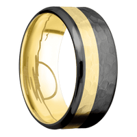 9mm wide Beveled Black Zirconium Ring with Hammer Finish / One 3mm Off Center 18k Yellow Gold Inlay with Hammer Finish / 18k Yellow Gold Sleeve / None Interior Pattern