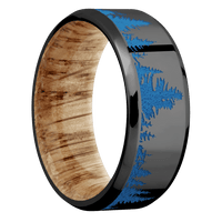 8mm wide Beveled Black Titanium Ring with Polish Finish / Trees Design and Sea Blue Cerakote Accents / Natural Oak Sleeve