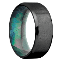 8mm wide Beveled Black Zirconium Ring with Distressed Finish / Black Mother of Pearl Sleeve