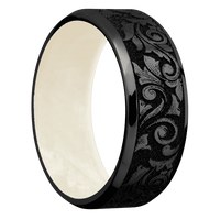 8mm wide Beveled Black Titanium Ring with Angle Satin Finish / Western Scroll Design / Freshwater Mother of Pearl Sleeve