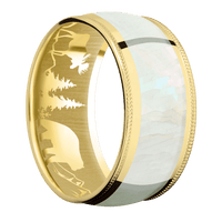 10mm wide Domed Milgrain Edges 18k Yellow Gold Ring with Polish Finish / One 7mm Centered Freshwater Mother of Pearl Inlay / None Interior Pattern