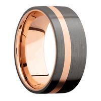 9mm wide Flat Darkened Tantalum Ring with Satin Finish / One 2mm Off Center 14k Rose Gold Inlay with Bead Blast Finish / 14k Rose Gold Sleeve