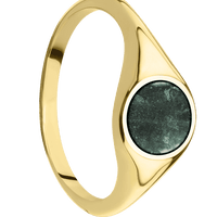 Circle 14k Yellow Gold Signet Ring / Polish Ring Finish and Polish Signet Finish / Aventurine Inlay with Semi-Precious Polish Finish / Size 7.75