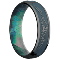 6mm wide Domed Black Zirconium Ring with Polish Finish / Mountain 2 Design and Northern Lights Cerakote Accents / Black Mother of Pearl Sleeve