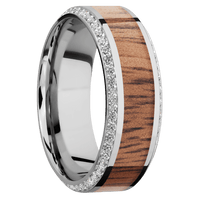 8mm wide High Bevel 10k White Gold Ring with Polish Finish / Bevel Eternity Round .01 carat Diamond Bead-Set Gemstones / One 4mm Centered Koa Inlay