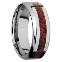 8mm wide High Bevel Titanium Ring with Polish Finish / One 3mm Centered Red Dinosaur Bone Inlay