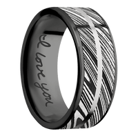 8mm wide Flat Black Titanium Ring with Bead Blast Finish / One 7mm Centered Kuro Damascus Steel Inlay with Tumble Kuro Damascus Finish / One 1mm Centered 14k White Gold Inlay with Bead Blast Finish / Hand Writing Interior Pattern