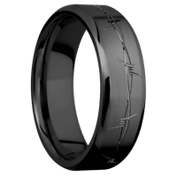 7mm wide Beveled Black Titanium Ring with Bead Blast Finish / Barb Wire Design and Black Accents