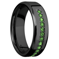 7mm wide Beveled Black Titanium Ring with Polish Finish / Half Eternity Round .03 carat Green Diamond Bead-Set Gemstones