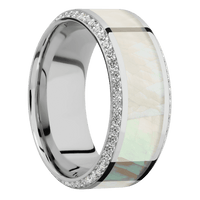 9mm wide High Bevel Platinum Ring with Polish Finish / Bevel Eternity Round .01 carat Lab Grown Diamond Bead-Set Gemstones / One 5mm Centered Freshwater Mother of Pearl Inlay