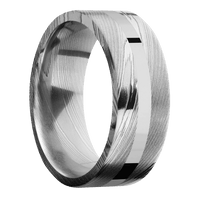 8mm wide Flat Damascus Steel Ring with Polish Damascus Finish / One 2mm Centered 14k White Gold Inlay with Polish Finish