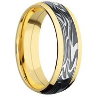 7mm wide Domed 14k Yellow Gold Ring with Polish Finish / One 4mm Centered Kinetic Damascus Steel Inlay with Tumble Kuro Damascus Finish
