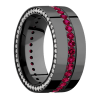 9mm wide Flat Black Titanium Ring with Polish Finish / Side Eternity Round .01 carat Lab Grown Diamond Bead-Set Gemstones / Eternity Round .03 carat Ruby Bead-Set Gemstones