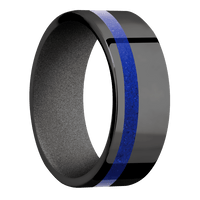 8mm wide Flat Black Titanium Ring with Polish Finish / One 2mm Off Center Lapis Inlay / Gun Metal Grey Cerakote Sleeve