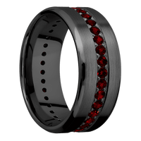9mm wide Beveled Black Titanium Ring with Satin Finish / Eternity Round .03 carat Dark Ruby Bead-Set Gemstones