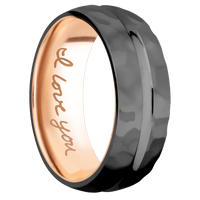 8mm wide Domed Center Concave Black Titanium Ring with Rock Polish Finish / 14k Rose Gold Sleeve / Hand Writing Interior Pattern