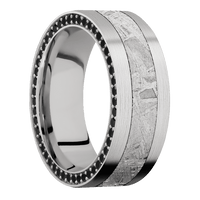 8mm wide Flat 10k White Gold Ring with Satin Finish / Side Eternity Round .01 carat Black Diamond Bead Channel-Set Gemstones / One 4mm Centered Meteorite Inlay