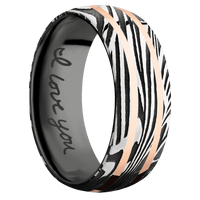 8mm wide Domed Sunset Damascus Steel Ring with Tumble Kuro Damascus Finish / Two 1mm Centered 14k Rose Gold Inlay with Polish Finish / Black Titanium Sleeve / Hand Writing Interior Pattern