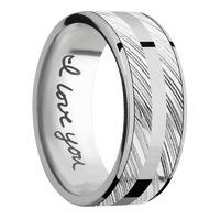 8mm wide Flat Titanium Ring with Polish Finish / One 7mm Centered Kuro Damascus Steel Inlay with Polish Kuro Damascus Finish / One 2mm Centered Palladium Silver Inlay with Polish Finish / Hand Writing Interior Pattern