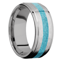 9mm wide Flat Grooved Edges Titanium Ring with Hammer Finish / One 3mm Centered Turquoise Inlay