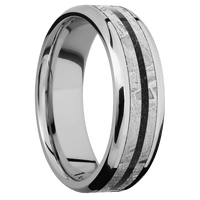 7mm wide Beveled Inconel Ring with Polish Finish / One 4mm Centered Meteorite Inlay / One 1mm Centered Black Dinosaur Bone Inlay