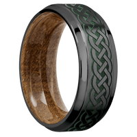 8mm wide Stepped Bevel Black Titanium Ring with Satin Finish / Celtic 9 Design and Eastern Green Cerakote Accents / Whiskey Barrel Sleeve