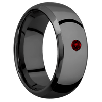 9mm wide Domed Bevel Black Titanium Ring with Polish Finish / 1 Round .1 carat Dark Ruby Flush-Set Gemstones