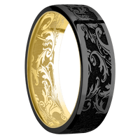 7mm wide Flat Black Titanium Ring with Polish Finish / Black Leaf Design / 10k Yellow Gold Sleeve / Black Leaf Interior Pattern