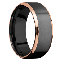 8mm wide Beveled Black Titanium Ring with Bead Blast Finish / Two 1mm Edge 14k Rose Gold Inlay with Polish Finish