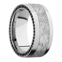 9mm wide Flat 14k White Gold Ring with Bead Blast Finish / Side Eternity Round .01 carat Black Diamond Bead Channel-Set Gemstones / One 5mm Centered Meteorite Inlay