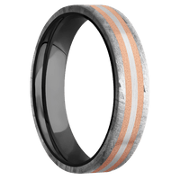 5mm wide Flat Meteorite Ring / One 3mm Centered 14k Rose Gold Inlay with Sand Blast Finish / One 1mm Centered 18k White Gold Inlay with Satin Finish / Black Zirconium Sleeve