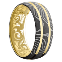 8mm wide Domed Flattwist Damascus Steel Ring with Acid Damascus Finish / Two 1mm Centered 14k Yellow Gold Inlay with Polish Finish / 10k Yellow Gold Sleeve / None Interior Pattern