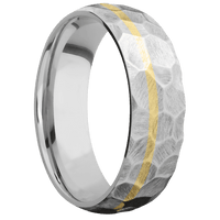 7mm wide Domed Platinum Ring with Rock Finish / One 1mm Off Center 14k Yellow Gold Inlay