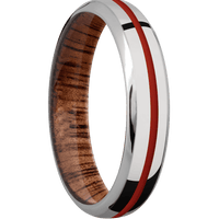 5mm wide Domed Bevel Titanium Ring with Polish Finish / One 1mm Centered Red Apple Cerakote Inlay / Koa Sleeve