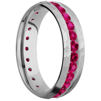 6mm wide Domed Titanium Ring with Hammer Finish / Eternity Round .07 carat Ruby Channel-Set Gemstones