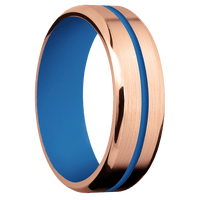 7mm wide Beveled 14k Rose Gold Ring with Satin Finish / One 1mm Centered Sea Blue Cerakote Inlay / Sea Blue Cerakote Sleeve