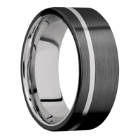 8mm wide Flat Black Zirconium Ring with Satin Finish / One 1mm Off Center 18k White Gold Inlay with Satin Finish / 18k White Gold Sleeve