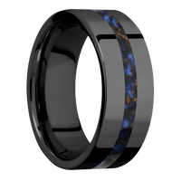 8mm wide Flat Black Titanium Ring with Polish Finish / One 2mm Centered Blue Tigers Eye Inlay