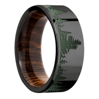 8mm wide Flat Black Titanium Ring with Polish Finish / Trees Design and Highland Green Cerakote Accents / Cocobolo Sleeve