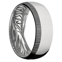 8mm wide Domed Titanium Ring with Polish Finish / One 2mm Off Center Edge Black Zirconium Inlay with Treebark 1 Finish / Feather Interior Pattern