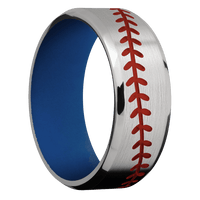 8mm wide Beveled Titanium Ring with Satin Finish / Baseball Design and Red Apple Cerakote Accents / Royal Blue Cerakote Sleeve