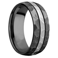 8mm wide Domed Black Titanium Ring with Rock Finish / One 2mm Centered Palladium Silver Inlay and Black Cerakote Accents