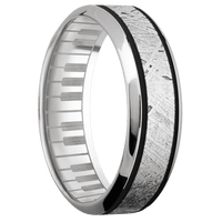 7mm wide High Bevel 18k White Gold Ring with Polish Finish / One 3mm Centered Meteorite Inlay and Black Cerakote Accents / Piano Interior Pattern