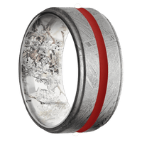 10mm wide Flat Grooved Edges Meteorite Ring / One 2mm Centered USMC Red Cerakote Inlay / Kings Snow Camo Sleeve